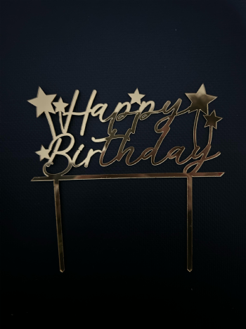 Happy Birthday Gold Pleksi Topper (Çubuklu) 15X15CM