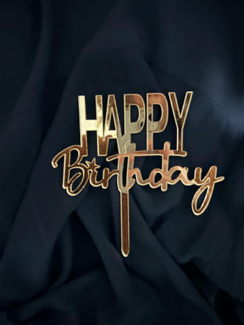 Happy Birthday Gold Pleksi Topper (Çubuklu) 15x14cm