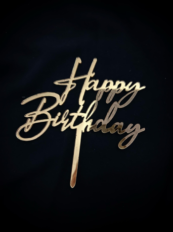 Happy Birthday Gold Pleksi Topper (Çubuklu) 12x15cm